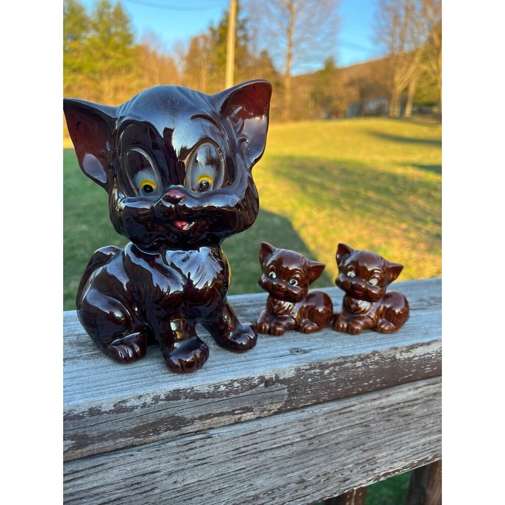 Vintage Brown Glazed Redware Pottery Kitty Cat Figurines MCM Japan